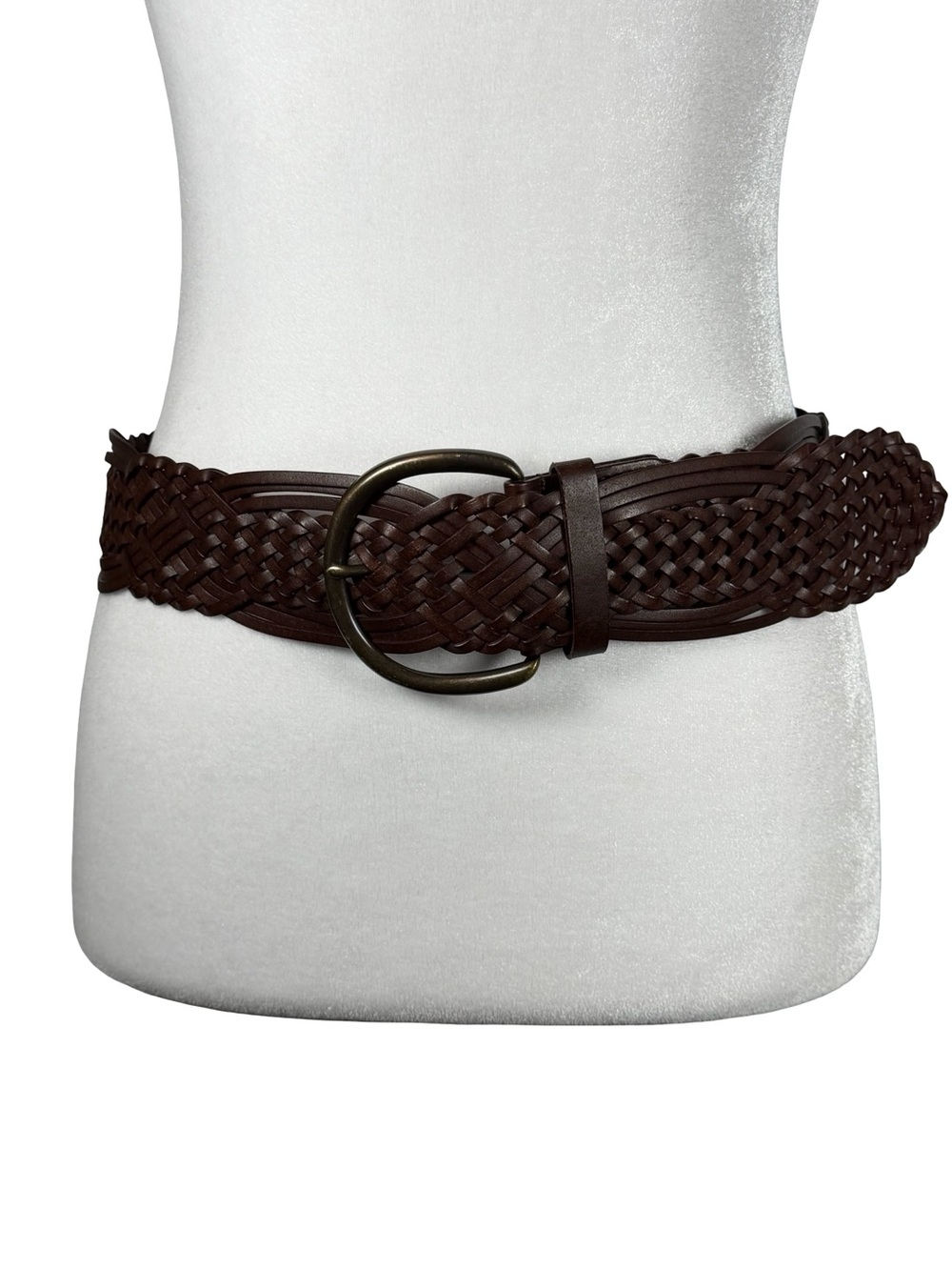 Women’s Woven Braided Brown Leather Waist Belt with Brass Buckle Size Medium
